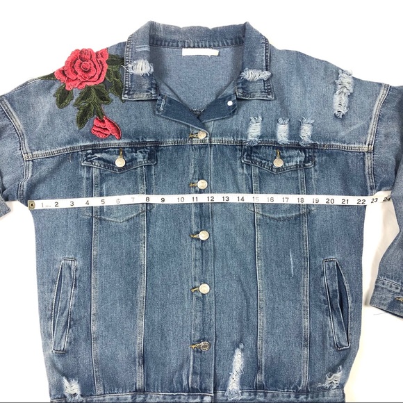 Women’s Distressed Floral Appliqués Denim Jacket L - Picture 7 of 16